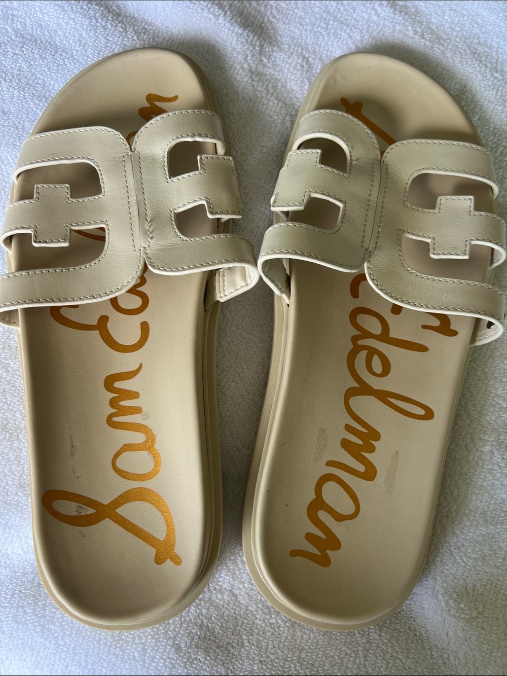 Sam Edelman Cream Leather Double Strap Slide Sandals